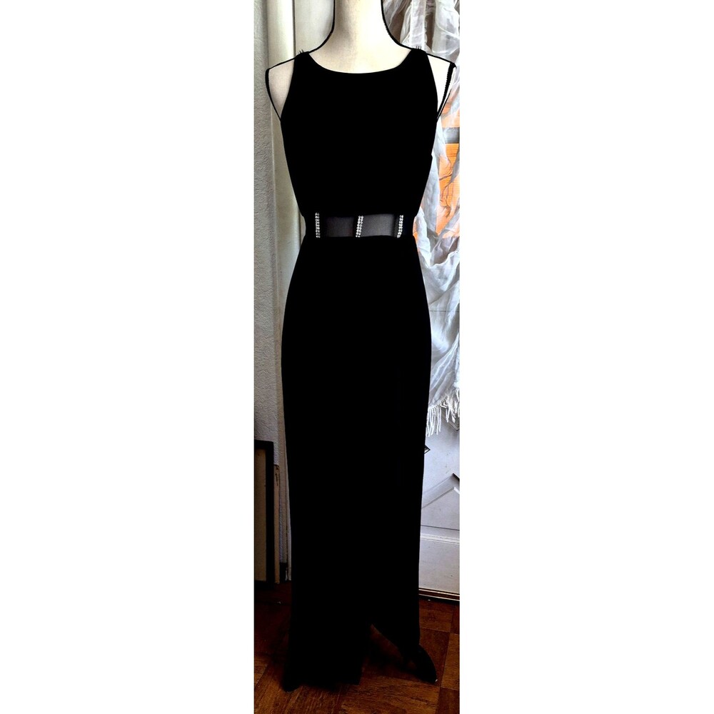 VTG Black Mesh Cutout Rhinestone Event Party Long Dress Lined Sz 6 Made in US